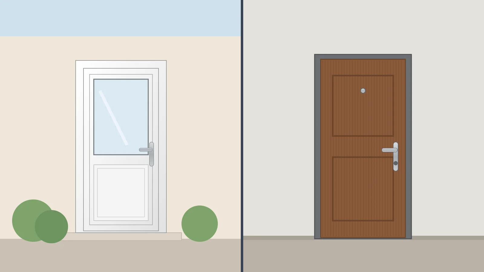 Ilustracija: bela PVC ulazna vrata sa staklom i sigurnosna vrata u dekoru drveta